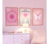 Lot de 3 toiles sur toile Affiche rose dégradé amour coeur papillon aura affirmation confiance spirituel ange nombres mur art sur toile peinture affiche fille chambre salon décoration d’intérieur imag