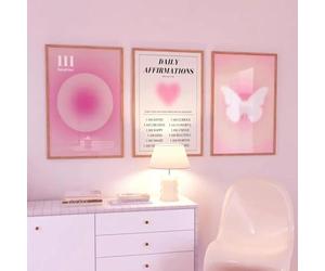Lot de 3 toiles sur toile Affiche rose dégradé amour coeur papillon aura affirmation confiance spirituel ange nombres mur art sur toile peinture affiche fille chambre salon décoration d’intérieur imag