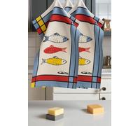 Lot de 3 torchons de Cuisine 50x70 cm - 100% Coton - Face Imprimée et Dos Absorbant en Éponge - Motif Décoratif Provence - Idéal pour Essuyer Vaisselle et Mains (Sardines)