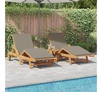 vidaXL Chaises Longues 2 pcs avec Coussins et Table Taupe Bois Massif d'Acacia, vidaXL Chaise Longue Pliable avec Roues & Coussin Taupe Bois Massif d'Acacia