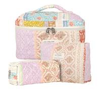Lot de 3 Trousse de Toilette Femme Voyage en Coton, Floral Trousse de Maquillage, Pochette de Rangement Makeup Bag Grand Capacité, Trousse de Beauté Trousse Matelassée Cosmétique pour Femme Fille