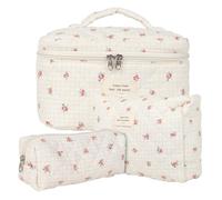 Lot de 3 Trousse de Toilette Femme Voyage en Coton, Floral Trousse de Maquillage, Pochette de Rangement Makeup Bag Grand Capacité, Trousse de Beauté Trousse Matelassée Cosmétique pour Femme Fille