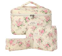 Lot de 3 Trousse de Toilette Femme Voyage en Coton, Floral Trousse de Maquillage, Pochette de Rangement Makeup Bag Grand Capacité, Trousse de Beauté Trousse Matelassée Cosmétique pour Femme Fille