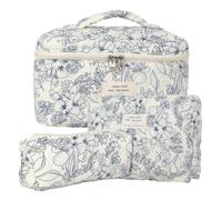 Lot de 3 Trousse de Toilette Femme Voyage en Coton, Floral Trousse de Maquillage, Pochette de Rangement Makeup Bag Grand Capacité, Trousse de Beauté Trousse Matelassée Cosmétique pour Femme Fille