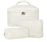 Lot de 3 Trousse de Toilette Femme Voyage en Coton, Floral Trousse de Maquillage, Pochette de Rangement Makeup Bag Grand Capacité, Trousse de Beauté Trousse Matelassée Cosmétique pour Femme Fille
