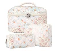 Lot de 3 Trousse de Toilette Femme Voyage en Coton, Floral Trousse de Maquillage, Pochette de Rangement Makeup Bag Grand Capacité, Trousse de Beauté Trousse Matelassée Cosmétique pour Femme Fille