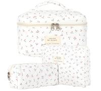 Lot de 3 Trousse de Toilette Femme Voyage en Coton, Floral Trousse de Maquillage, Pochette de Rangement Makeup Bag Grand Capacité, Trousse de Beauté Trousse Matelassée Cosmétique pour Femme Fille