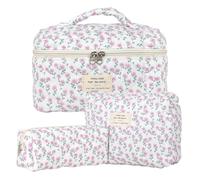Lot de 3 Trousse de Toilette Femme Voyage en Coton, Floral Trousse de Maquillage, Pochette de Rangement Makeup Bag Grand Capacité, Trousse de Beauté Trousse Matelassée Cosmétique pour Femme Fille