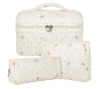 Lot de 3 Trousse de Toilette Femme Voyage en Coton, Floral Trousse de Maquillage, Pochette de Rangement Makeup Bag Grand Capacité, Trousse de Beauté Trousse Matelassée Cosmétique pour Femme Fille