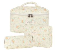 Lot de 3 Trousse de Toilette Femme Voyage en Coton, Floral Trousse de Maquillage, Pochette de Rangement Makeup Bag Grand Capacité, Trousse de Beauté Trousse Matelassée Cosmétique pour Femme Fille