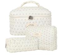 Lot de 3 Trousse de Toilette Femme Voyage en Coton, Floral Trousse de Maquillage, Pochette de Rangement Makeup Bag Grand Capacité, Trousse de Beauté Trousse Matelassée Cosmétique pour Femme Fille
