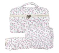 Lot de 3 Trousse de Toilette Femme Voyage en Coton, Floral Trousse de Maquillage, Pochette de Rangement Makeup Bag Grand Capacité, Trousse de Beauté Trousse Matelassée Cosmétique pour Femme Fille