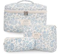 Lot de 3 trousses cosmétiques en coton de grande capacité pour articles de toilette de voyage, esthétiques, trousse de toilette à fleurs mignonnes pour femmes et filles pour articles de toilette