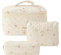 Lot de 3 trousses de beauté et de maquillage de voyage en coton matelassé grande capacité avec fermeture éclair pour femmes et filles (D)