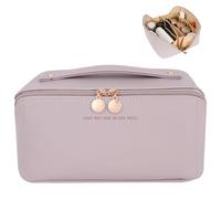 Lot de 3 trousses de maquillage de voyage portables de grande capacité pour femme - Trousse de maquillage ouverte plate - Lot de 3 trousses de toilette étanches en cuir synthétique avec séparateur et