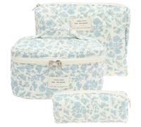 Lot de 3 Trousses de Maquillage en Coton à Motif Floral - Trousse de Maquillage pour cosmétiques, Fard à paupières, pinceaux cosmétiques, Rouge à lèvres, Outils, Bleu pâle, Chic et élégant