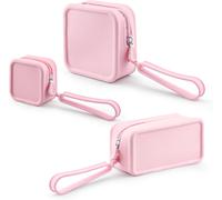 Lot De 3 Trousses De Maquillage En Silicone Souple Et Imperméable Avec Dragonne, Fermeture Éclair Incassable, Trousse De Toilette Pour Femme, Rose, Trousse De Maquillage