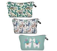 Lot de 3 trousses de maquillage portables avec fermeture éclair pour femme, 3 styles de lama, alpaga, paresseux, étanche, trousse de toilette de voyage, pochettes de maquillage, accessoires pour