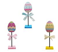 Lot de 3 œufs de Pâques décoratifs en bois avec éléments de design joyeux pour table et étagère printanière