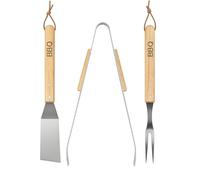 Lot de 3 ustensiles de barbecue en acier inoxydable - Pince à barbecue, spatule et fourchette à viande - Antirouille, passe au lave-vaisselle et ergonomique - Avec poignée et dragonne en bois - Idéal