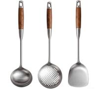 Lot de 3 ustensiles de cuisine en acier 316L avec manche en palissandre - Spatule de cuisine, louche, écumoire pour poêles antiadhésives, wok, sauté, gadgets résistants à la chaleur, 38 cm