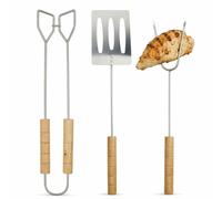 Lot de 3 ustensiles pour barbecue en acier et bois - Pelle + fourchette + pince - Longueur 35 cm environ - Set pour grillades