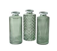 Lot de 3 vases à fleurs avec ornements bohème, 3 motifs différents, couleur : vert et argent, hauteur : 13 cm, diamètre : 5 cm