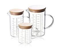 Lot De 3 Verre Doseur: Transparent Brocs Mesureur Avec Couvercle En Bambou, Verre Doseurs àéchelle Multipl En Verre Borosilicate Avec Anse Ideal Pour La Cuisine, La Patisserie Et Les Melanges