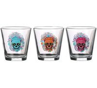 Lot de 3 Verres 25,5cl en Verre Transparent - Motif Tête de Mort Mexicaine Colorée - Design Festif et Original - Idéal pour Cocktails et Décoration de Table