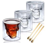 Lot de 3 verres à double paroi en forme de tête de mort - 250 ml - Verres à café à double paroi - Verres à latte macchiato avec 3 cuillères - Verres à cocktail - Verres à liqueur pour whisky et vodka