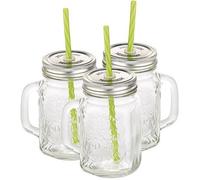 Lot de 3 verres rétro avec anse, paille et couvercle - PEARL - Capacité 450 ml - Non compatible lave-vaisselle