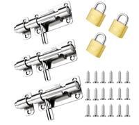 Lot de 3 verrous de porte coulissants avec 18 vis, en acier inoxydable avec 3 cadenas, double protection pour plus de sécurité, convient aux portails, chambres à coucher et fenêtres (argenté)