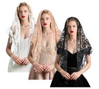 Lot de 3 voiles de chapelle catholique Mantilla - Voile triangulaire en dentelle et tulle pour femmes et filles - Bandeau floral - Voile de messe latine pour mariage et demoiselle d'honneur