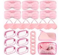 Lot de 30 accessoires de fête pyjama pour filles comprenant 6 bandeaux à nœud rose, 6 masques de sommeil en peluche, 6 chouchous en velours, 6 chiffons démaquillants et 6 trousses cosmétiques en PVC