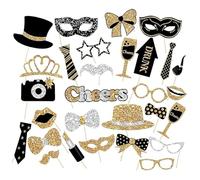 Lot de 30 Accessoires Photobooth Noir et Or, Kit Accessoire Photo pour Fête, Décorations de Selfie Amusantes pour Mariage, Anniversaire, Soirée à Thème, Carnaval et Célébrations, Accessoires de Fête