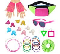 Lot de 30 accessoires pour femme, costume hip-hop des années 80 et 90 pour femme, avec sac banane réglable, boucles d'oreilles, lunettes de soleil, bracelet, bague lumineuse, déguisement des années 80