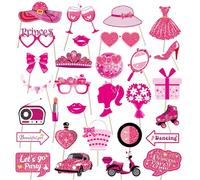 Lot de 30 accessoires pour photomaton de fête Barbie - Accessoires de fête d'anniversaire à paillettes pour filles - Rose vif