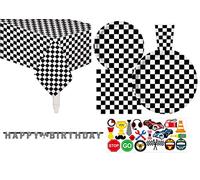 Lot de 30 assiettes en carton à carreaux noirs et blancs de 22,9 cm, assiettes à dessert en carton de 17,8 cm, gobelets de 255,1 g, serviettes 3 plis, 1 bannière « Happy Birthday » 2 nappes de table