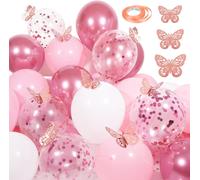 Lot De 30 Ballons Roses Et Autocollants Papillon De 30,5 Cm, Ballons Blancs Et Roses Métallisés Avec 12 Autocollants Papillon Or Rose Pour Mariage, Anniversaire, Décoration De Fête