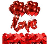 Lot de 30 ballons rouges en forme de cœur avec grand signe « Love » et 1000 cœurs confettis | Kit complet pour demande en mariage, décoration de fête romantique