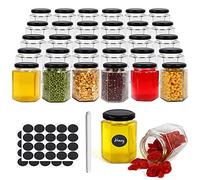 Lot de 30 bocaux hexagonaux en verre avec couvercles noirs, 180 ml pour miel, épices, herbes, confitures, cadeaux de fête et de mariage, travaux manuels - 1 stylo et étiquettes inclus
