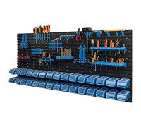 Lot de 30 boîtes de rangement empilables bleu avec couvercle, panneau porte-outil 178 x 78 cm, systeme de rangement de garage atelier, banc de travail, pour outils a main