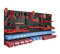 Lot de 30 boîtes de rangement empilables rouge et bleu avec couvercle, panneau porte-outil 178 x 78 cm, systeme de rangement de garage atelier, banc de travail, pour outils a main