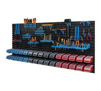 Lot de 30 boîtes de rangement empilables rouge, noir bleu avec couvercle, panneau porte-outil 178 x 78 cm, systeme de rangement de garage atelier, banc de travail, pour outils a main