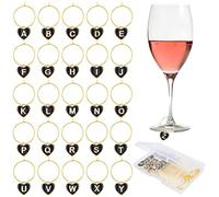 Lot de 30 breloques pour verre à vin, bagues, boucles d'oreilles, créoles avec 26 breloques en forme de cœur en émail noir - Marqueurs de boisson sur le thème des lettres pour verres à pied, vin, cocktail, champagne