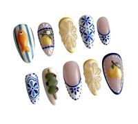Lot de 30 clous à presser en forme d'amande de longueur moyenne avec art floral 3D et pointes d'ongles roses