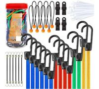 Lot de 30 cordes élastiques rondes en caoutchouc avec crochets en vinyle et clips de bâche pour sécuriser moto, vélo, camping et cargaison