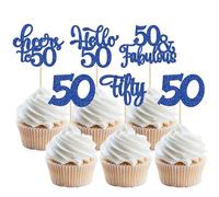 Lot de 30 décorations de cupcakes « Happy 50th Birthday » à paillettes bleu foncé pour 50e anniversaire de mariage