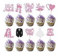 Lot de 30 décorations de gâteau avec inscription « He Ask She Said Yes » - Paillettes - Diamant - Décoration de gâteau - Miss to Mrs - Pour fiançailles, mariages, thème fête - Violet