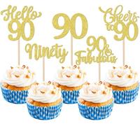 Lot de 30 décorations de gâteau d'anniversaire 90e anniversaire à paillettes Hello 90 Cheers to 90 Cupcake Toppers 90 & Fabulous Ninety Décoration de gâteau pour fête d'anniversaire de 90 ans Doré